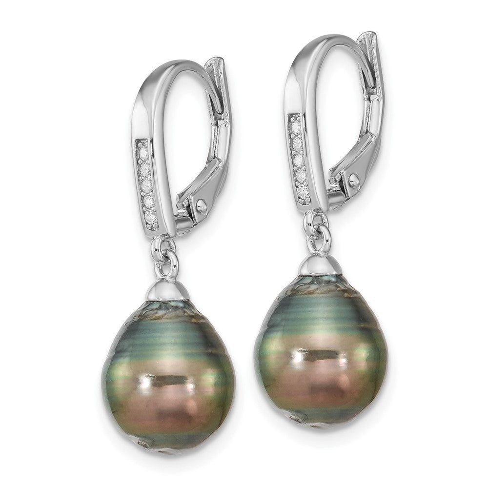 Sterling Silver Black Tahitian Saltwater Cultured Pearl & CZ Dangle Earrings