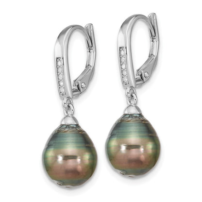 Sterling Silver Black Tahitian Saltwater Cultured Pearl & CZ Dangle Earrings