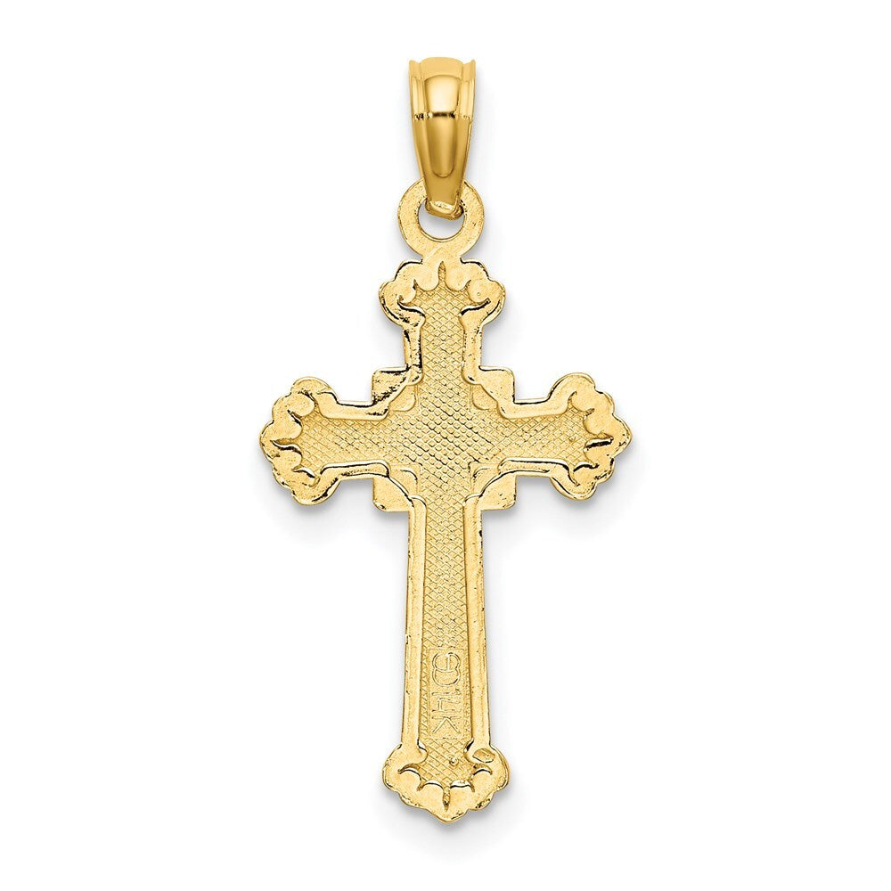 14k Yellow Gold Textured Leaves On Edges Cross Charm Pendant for Women