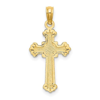 14k Yellow Gold Textured Leaves On Edges Cross Charm Pendant for Women
