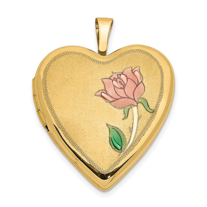 14k Yellow Gold 20mm Enamel Rose Heart Locket Pendant for Women
