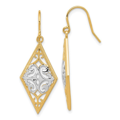 14k Yellow Gold & Rhodium Diamond Shape Filigree Dangle Earrings