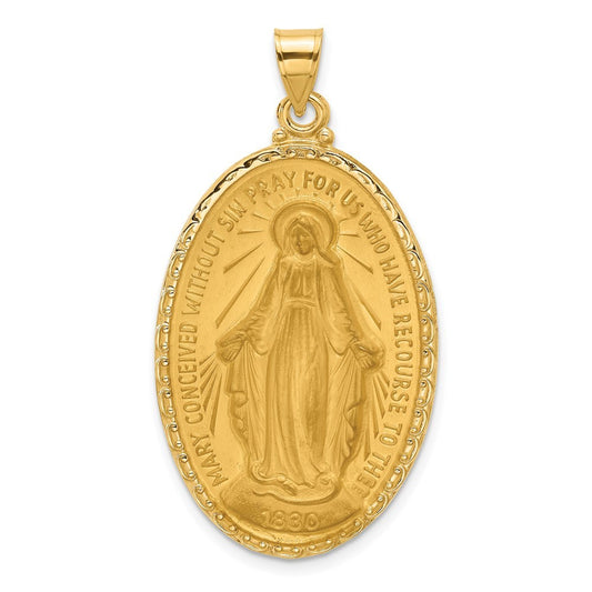 14k Yellow Gold Satin and Polished Miraculous Medal Solid Oval Pendant