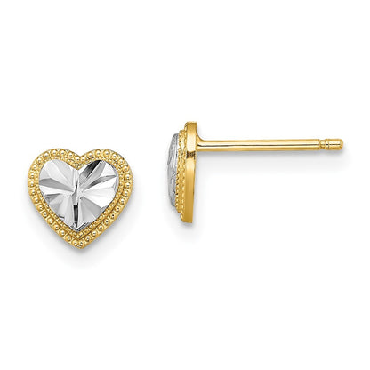 14k Yellow Gold w/ Rhodium Diamond-Cut Heart Earrings