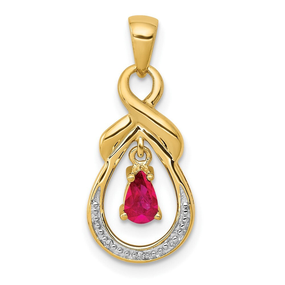 14k Yellow Gold Pear Ruby and Diamond Dangle Pendant for Women