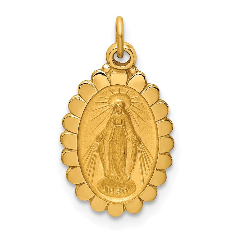 14k Yellow Gold Solid Polished/Satin Small Oval Scalloped Miraculous Medal
