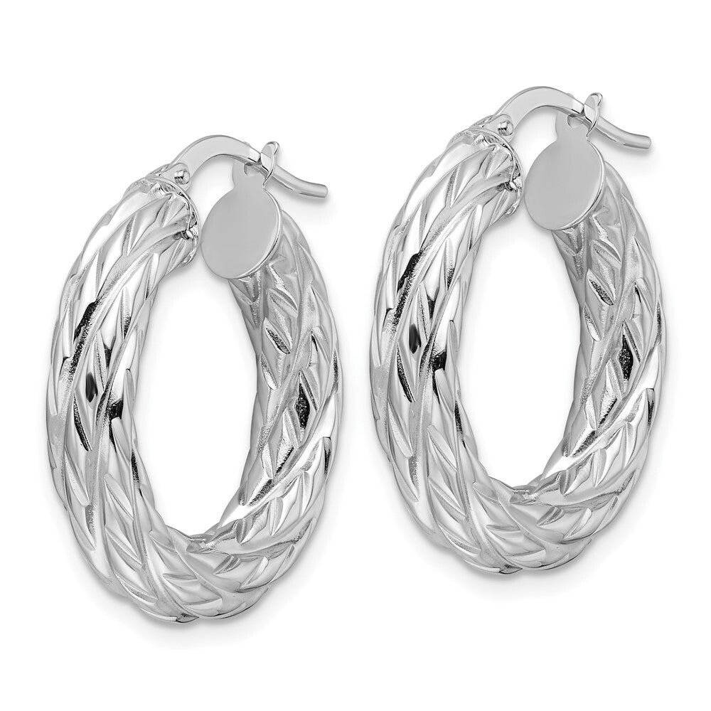 14k White Gold Polished 4.75mm Woven Texture Round Hoop Earrings Gift for Women
