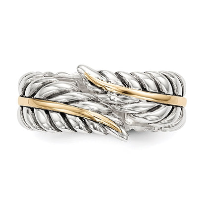 Sterling Silver 14k Antiqued Leaves Bypass Ring