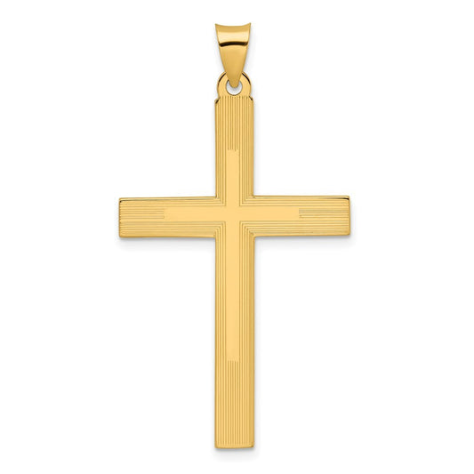 14k Yellow Gold Polished and Line Design Solid Cross Pendant