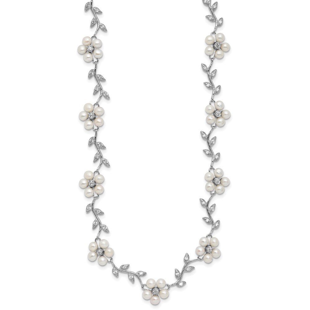 Sterling Silver CZ Vine Pattern Fresheater Cultured Pearl Floral Necklace 16"