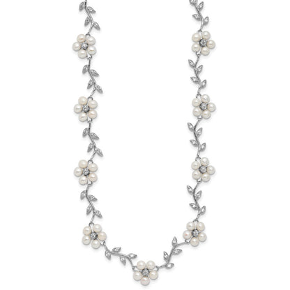 Sterling Silver CZ Vine Pattern Fresheater Cultured Pearl Floral Necklace 16"