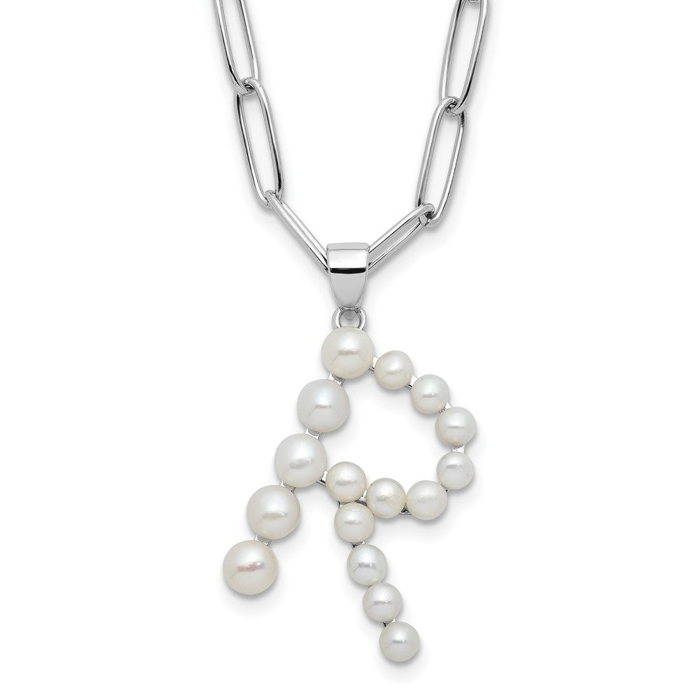 Sterling Silver 3-5.5mm White Button Cultured Pearl LETTER R Necklace 18"