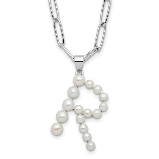 Sterling Silver 3-5.5mm White Button Cultured Pearl LETTER R Necklace 18"
