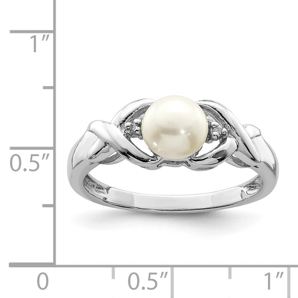 Sterling Silver Rhodium FW Cultured Button Pearl & Diamond Ring Size 6