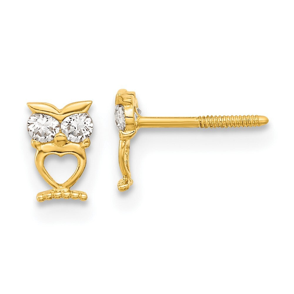 14k Yellow Gold Owl Cubic Zirconia Eyes Screwback Stud Earrings Gift for Women