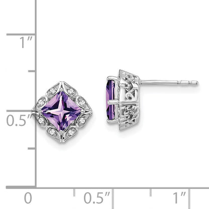 14k White Gold Square Amethyst and Diamond Stud Earrings