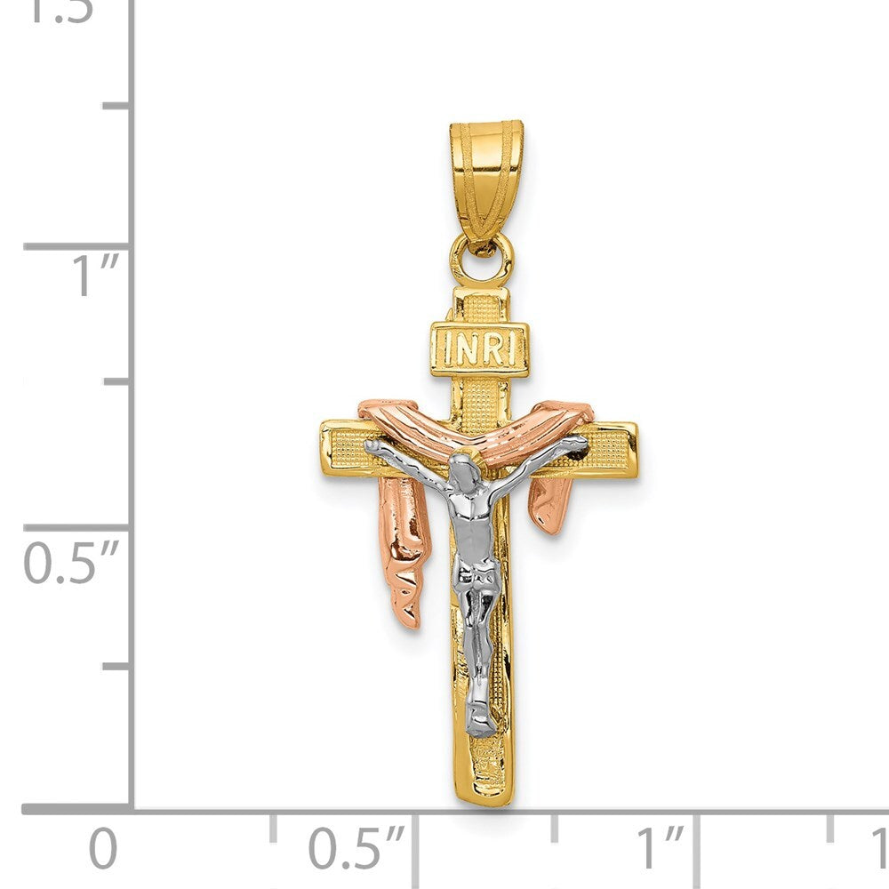 14k Tri-Color Gold Tri-color Diamond-cut Small Draped INRI Crucifix Pendant