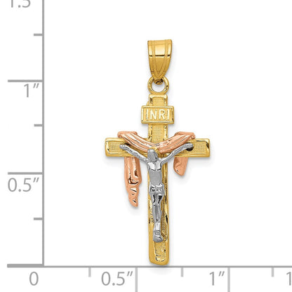 14k Tri-Color Gold Tri-color Diamond-cut Small Draped INRI Crucifix Pendant
