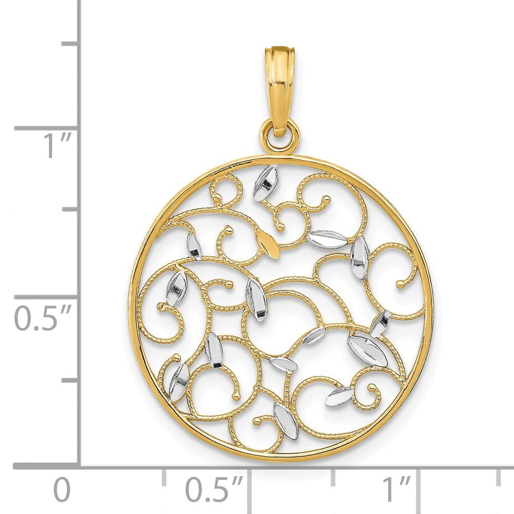 14k Yellow Gold Rhodium Floral Medallion Pendant Charm Pendant for Women