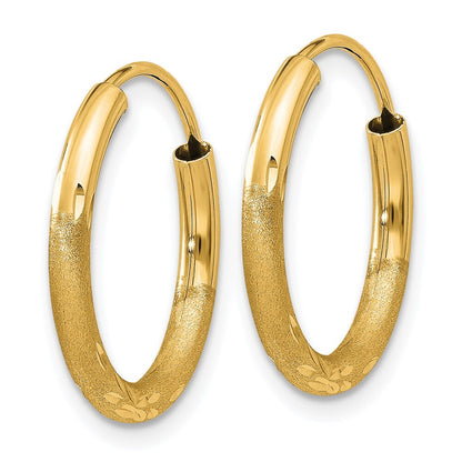 14k Yellow Gold 2mm Satin Diamond-cut Endless Hoop Earrings Gift for Women
