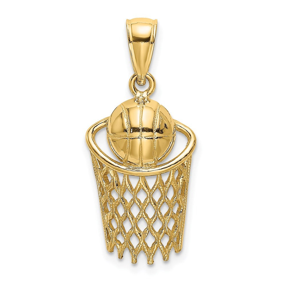 14k Yellow Gold Polished Basketball and Net Charm Pendant