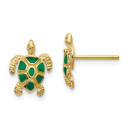 14k Yellow Gold Green Enameled Sea Turtle Stud Earrings