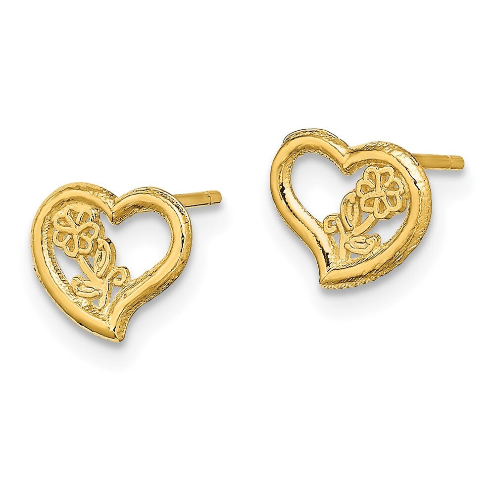 14k Yellow Gold Open Heart Flower Stud Earrings Gift for Women