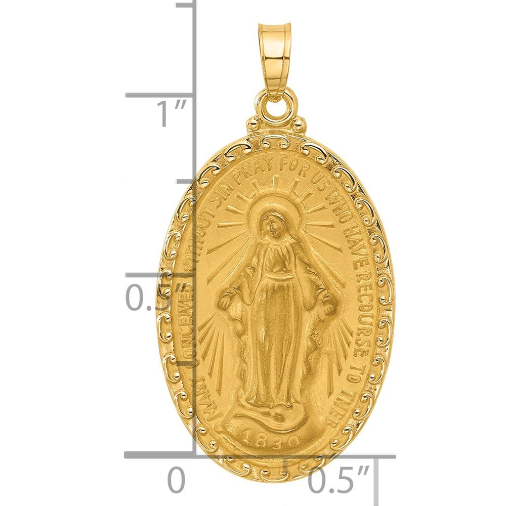 14k Yellow Gold Satin and Polished Miraculous Medal Solid Oval Pendant