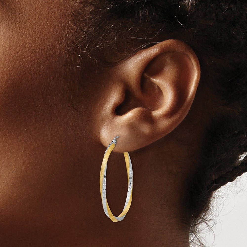 14k Yellow Gold & Rhodium Diamond-cut 2.5mm Twisted Hoop Earrings