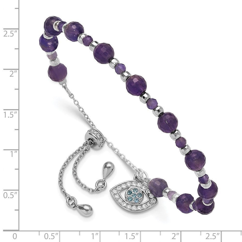 Sterling Silver Rhodium-plated Amethyst & CZ and Blue Glass Adjustable Bracelet