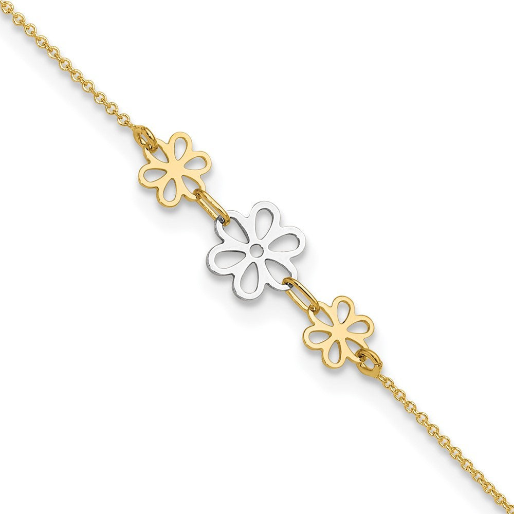 14K Two-tone Polished Three Cut-out Flowers 10" Anklet