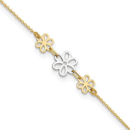 14K Two-tone Polished Three Cut-out Flowers 10" Anklet