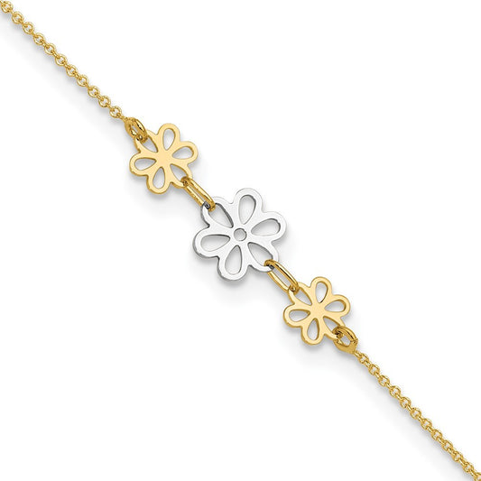 14K Two-tone Polished Three Cut-out Flowers 10" Anklet