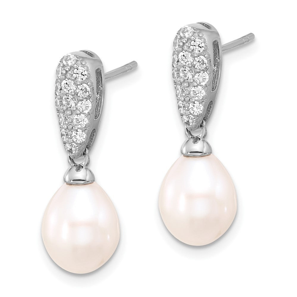 Sterling Silver 8-9mm Teardrop Freshwater Cultured Pearl and CZ Dangle Earrings
