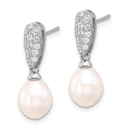 Sterling Silver 8-9mm Teardrop Freshwater Cultured Pearl and CZ Dangle Earrings
