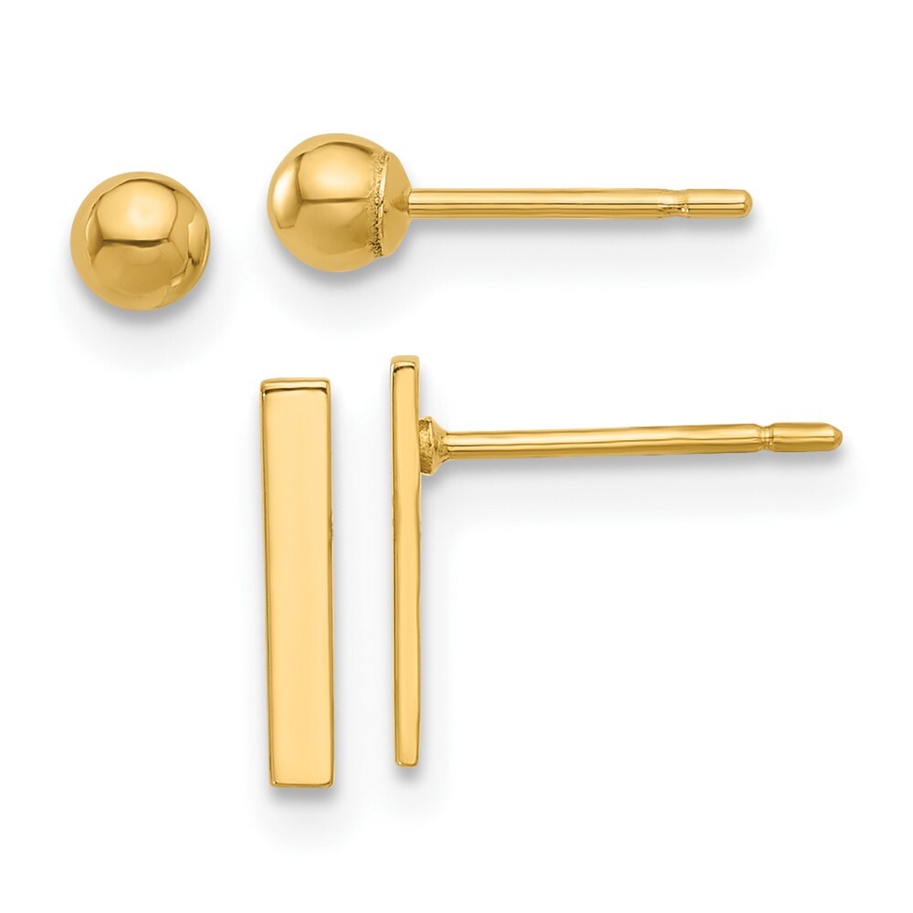 14k Yellow Gold Polished 3mm Ball and Bar Earring Set Gift for Women