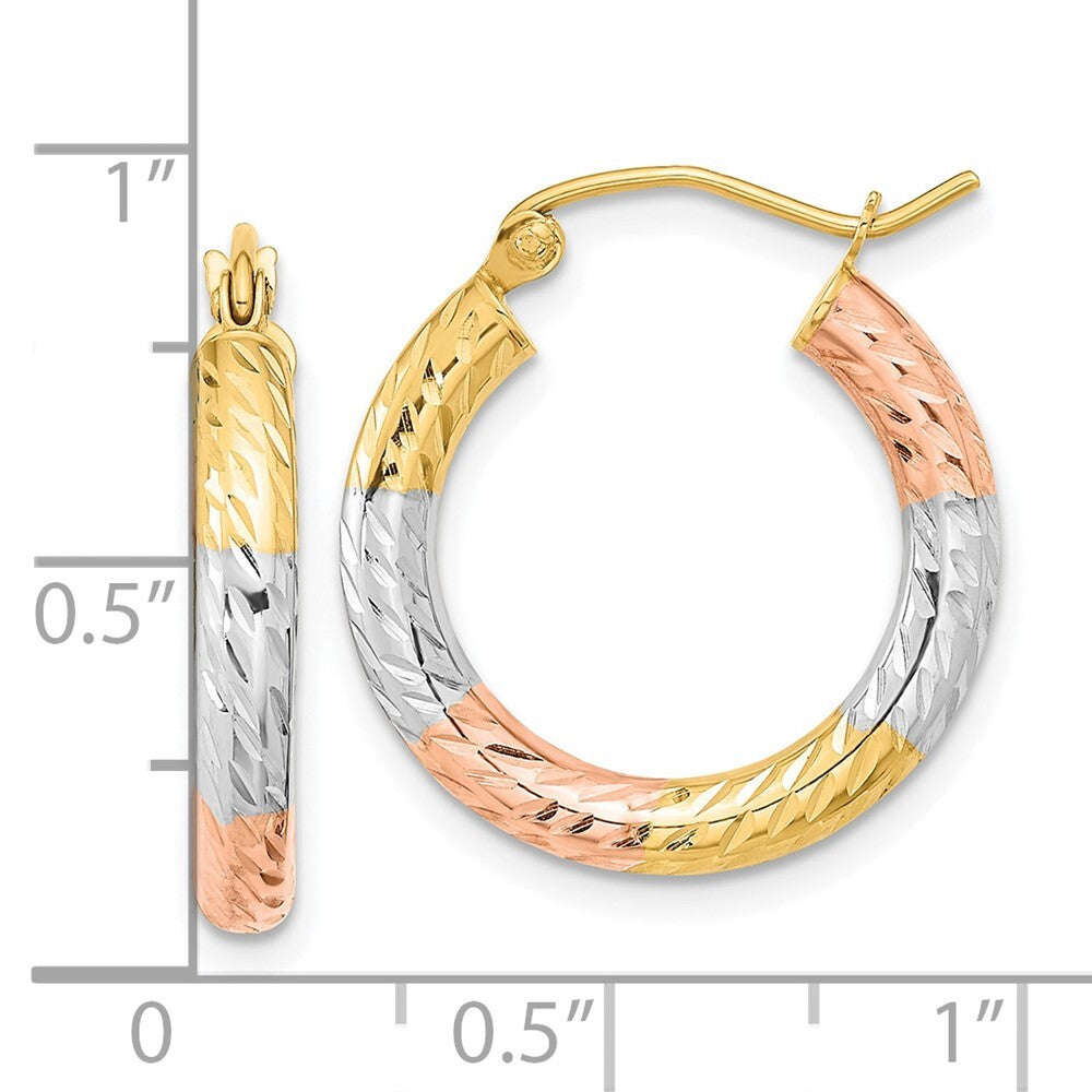 14k Yellow Gold White and Rose Rhodium Polished Diamond-cut Hoop Earrings