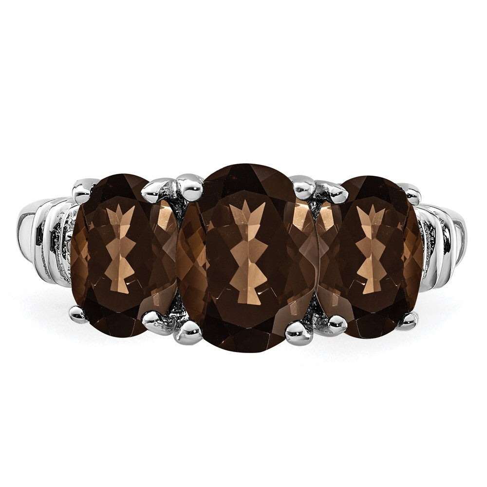 Sterling Silver Rhodium 3 Stone Smoky Quartz & Diamond Ring Size 7