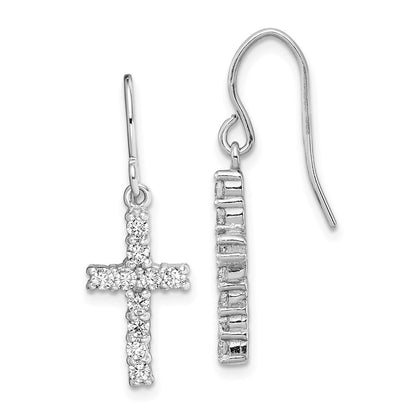 Sterling Silver Polished Cubic Zirconia Latin Cross Dangle Earrings