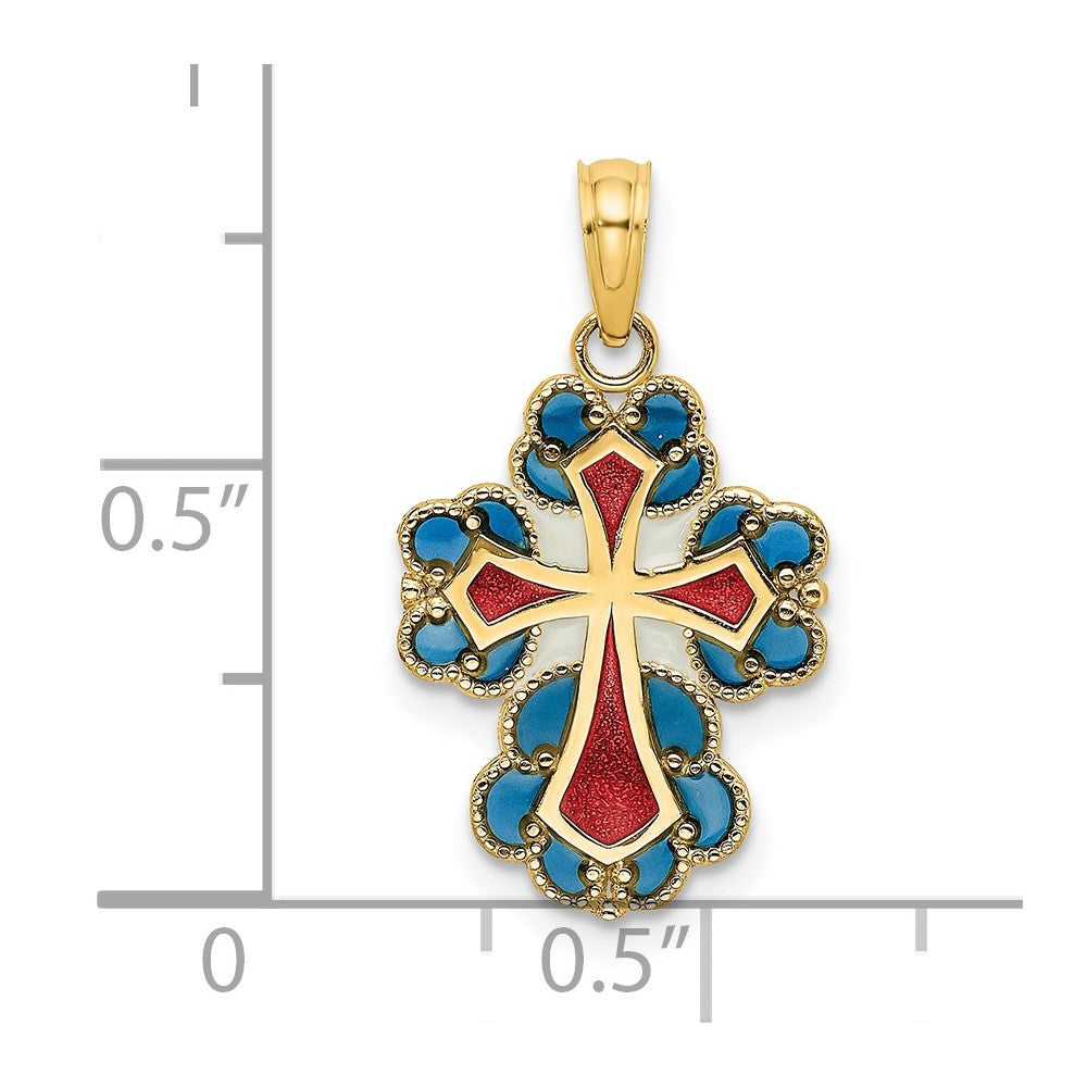 14k Yellow Gold Blue, White and Red Enameled w/ Lace Trim Cross Charm