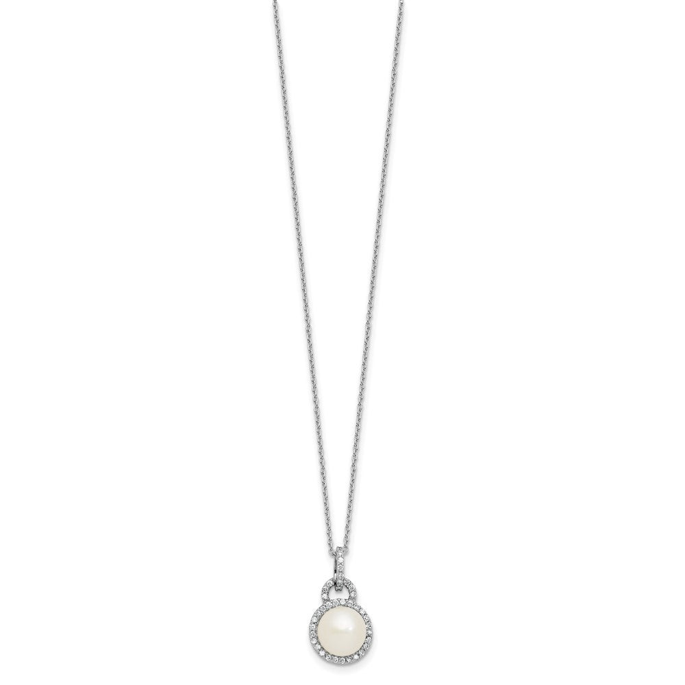 Sterling Silver 9mm Button Freshwater Cultured Pearl and CZ Halo 17" Necklace
