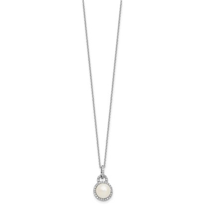 Sterling Silver 9mm Button Freshwater Cultured Pearl and CZ Halo 17" Necklace