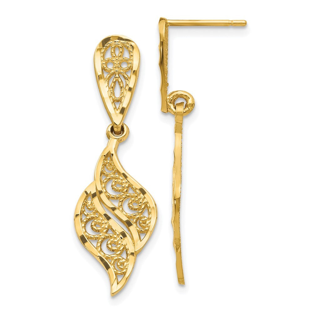 14k Yellow Gold Polished & Diamond-Cut Filigree Swirl Dangle Earrings