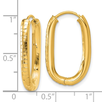 14k Yellow Gold Polished 3.25mm Textured Oval Hinged Hoop Earrings