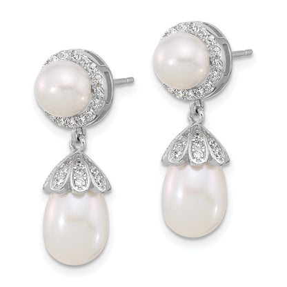 Sterling Silver 6-8mm Rice and Freshwater Cultured Pearl and CZ Dangle Earrings
