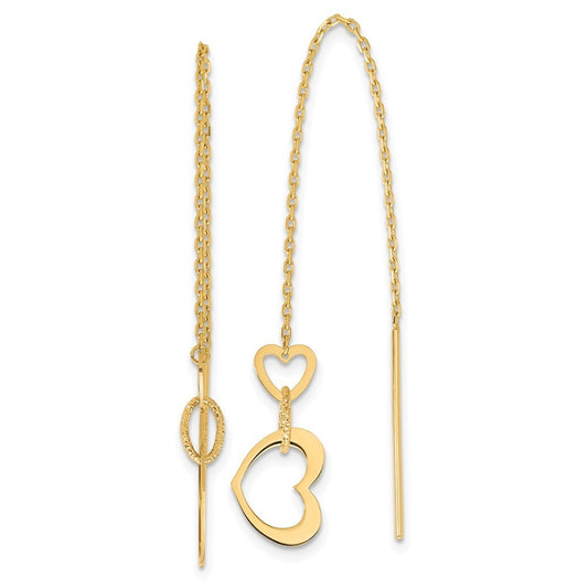 14k Yellow Gold Polished Hearts Dangle Threader Earrings