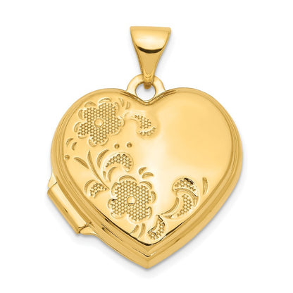 14k Yellow Gold 18mm Polished Heart-Shaped Floral Locket Pendant for Women