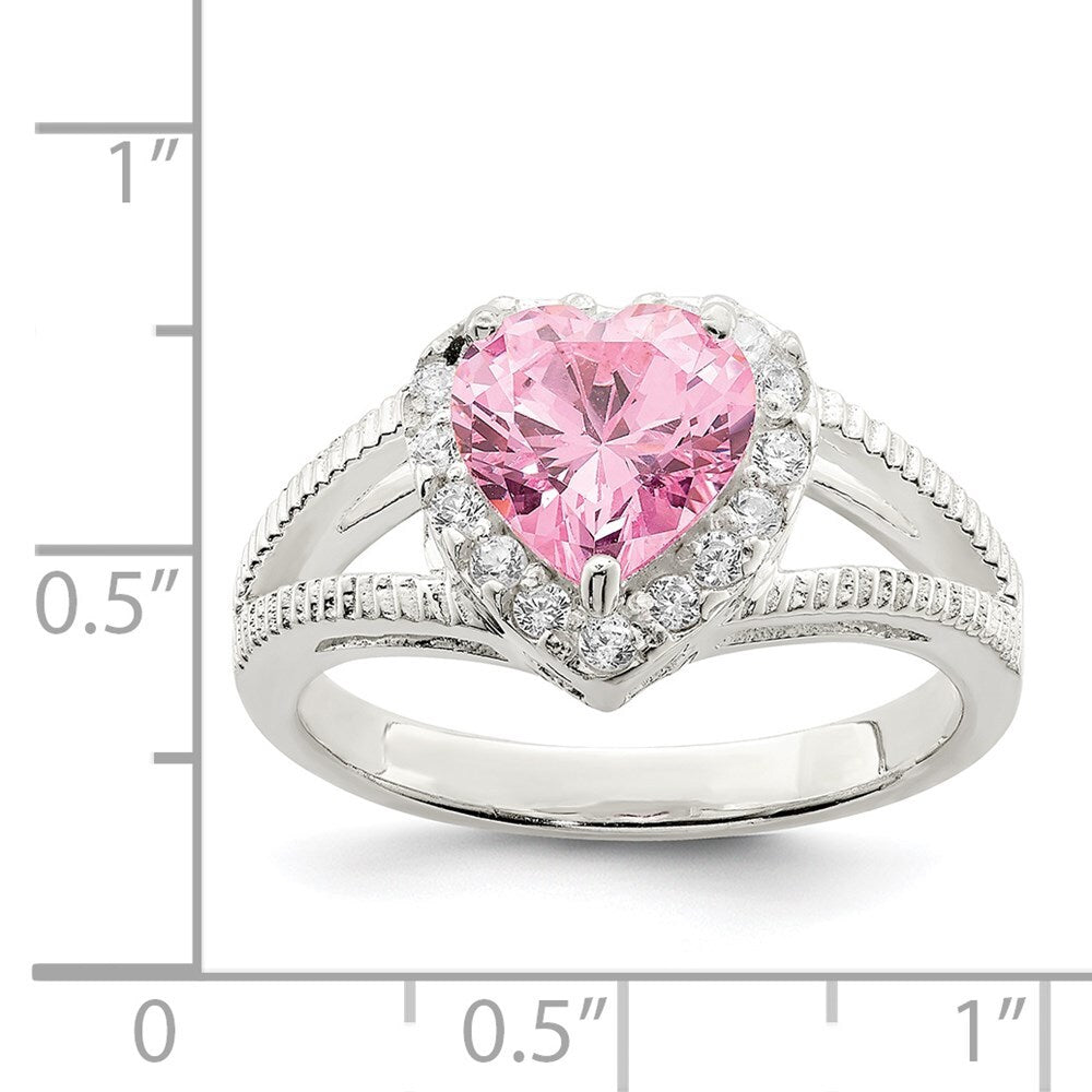 Sterling Silver Pink Cubic Zirconia Heart Ring Size 8