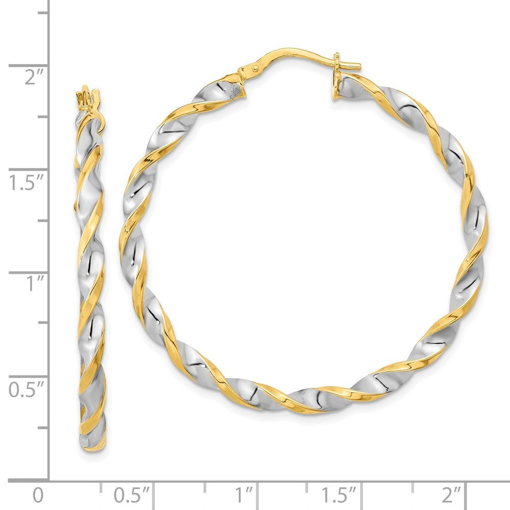 14k Yellow Gold & White Rhodium Polished & Twist Hoop Earrings