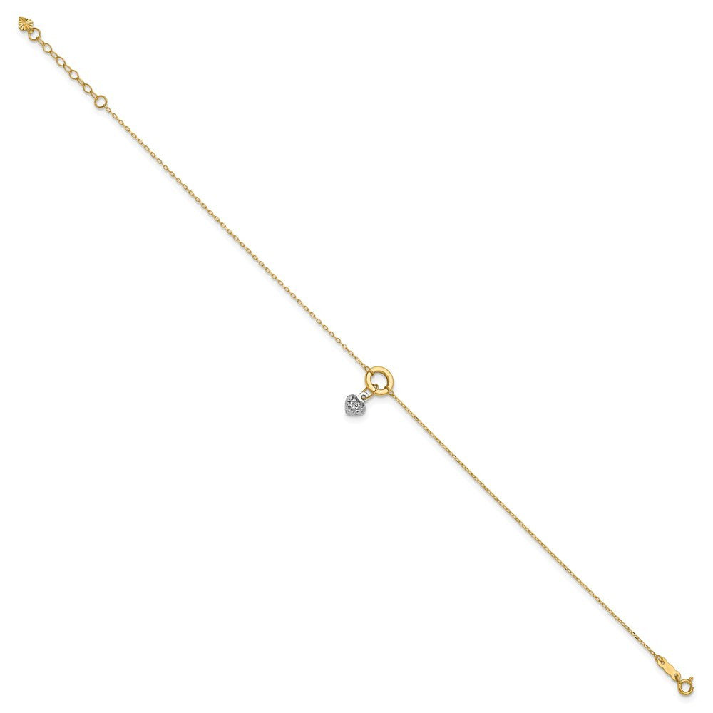 14K Two-tone Circle with Diamond-cut Puffed Heart Dangle 10" Anklet